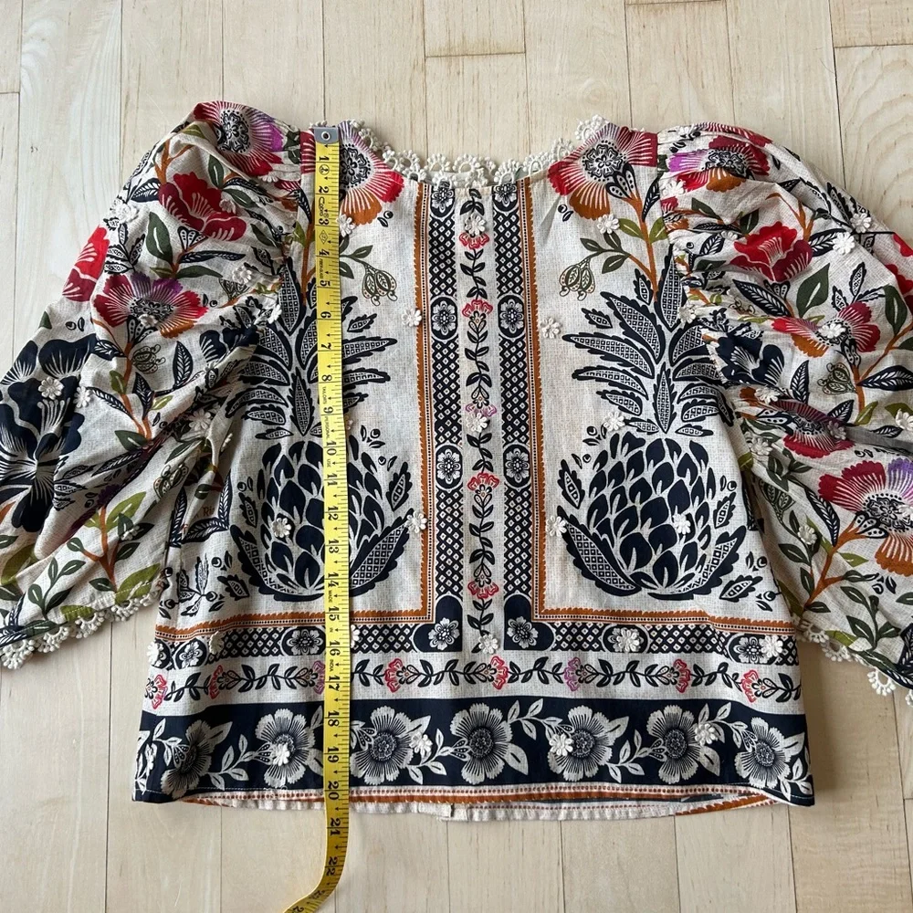 FARM Rio Romantic Garden Blouse 100% Cotton Tan w/Tropical Floral Print Sz Small - Picture 9 of 14